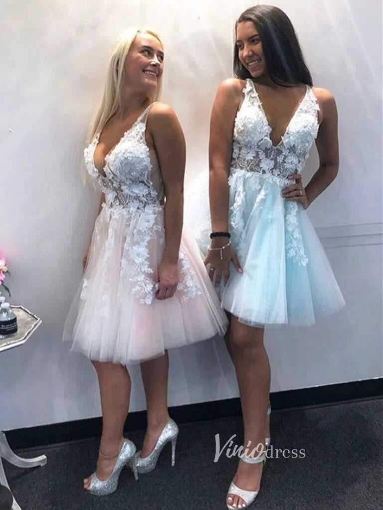 V-neck Floral Homecoming Dresses Tulle Short Prom Dress SD1206-Homecoming Dresses 2025 -Viniodress-Light Blue-Custom Size-