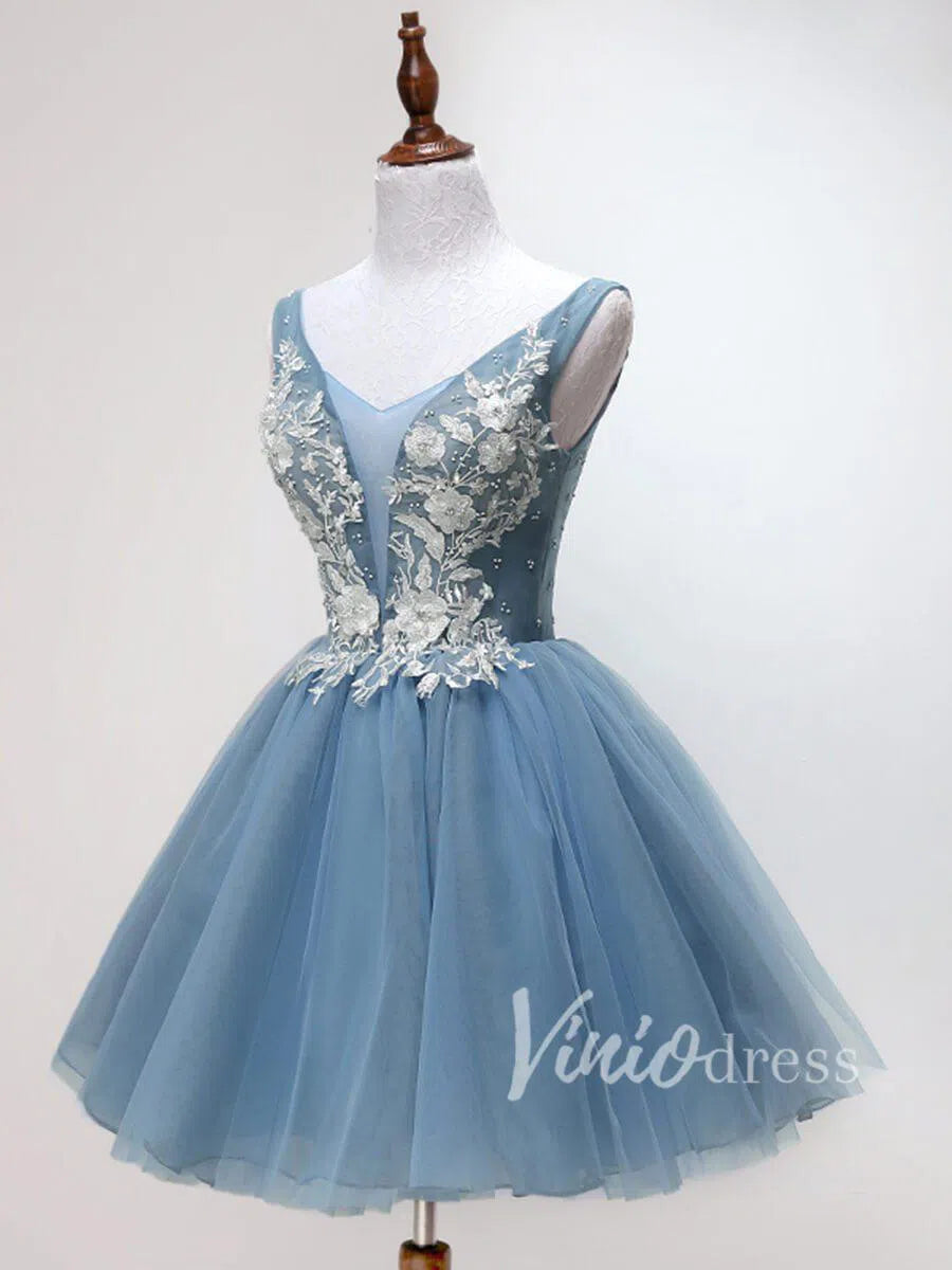 V Neck Floral Slate Blue Homecoming Dresses 2019 SD1165-Homecoming Dresses 2025 -Viniodress-Slate Blue-Custom Size-