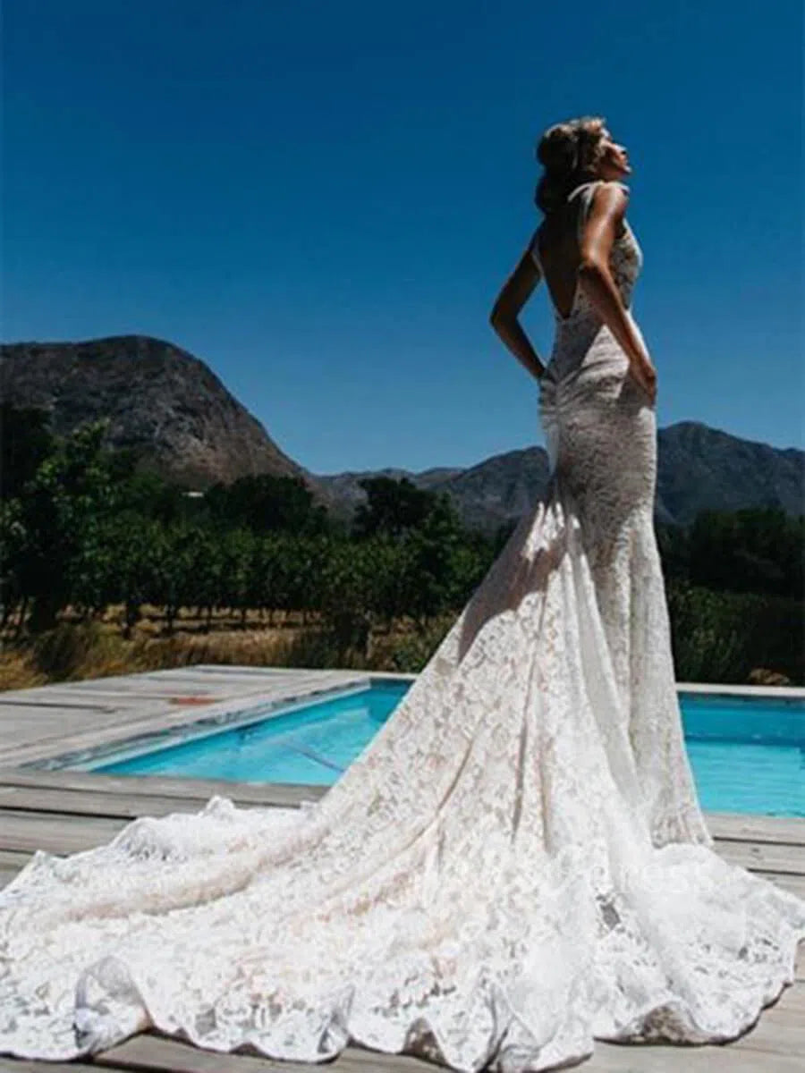 V-neck Mermaid Lace Wedding Dresses with Pockets Chapel Train VW1251-wedding dresses 2025 -Viniodress-Beige-Custom Size-