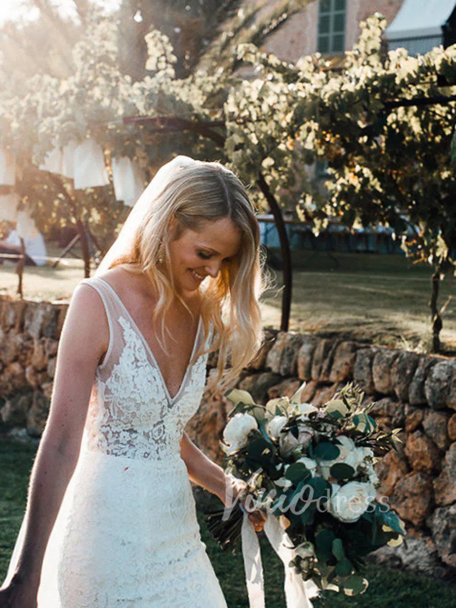 V Neck Mermaid Lace Wedding Dresses with Pockets VW1226-wedding dresses 2025 -Viniodress-Ivory-Custom Size-