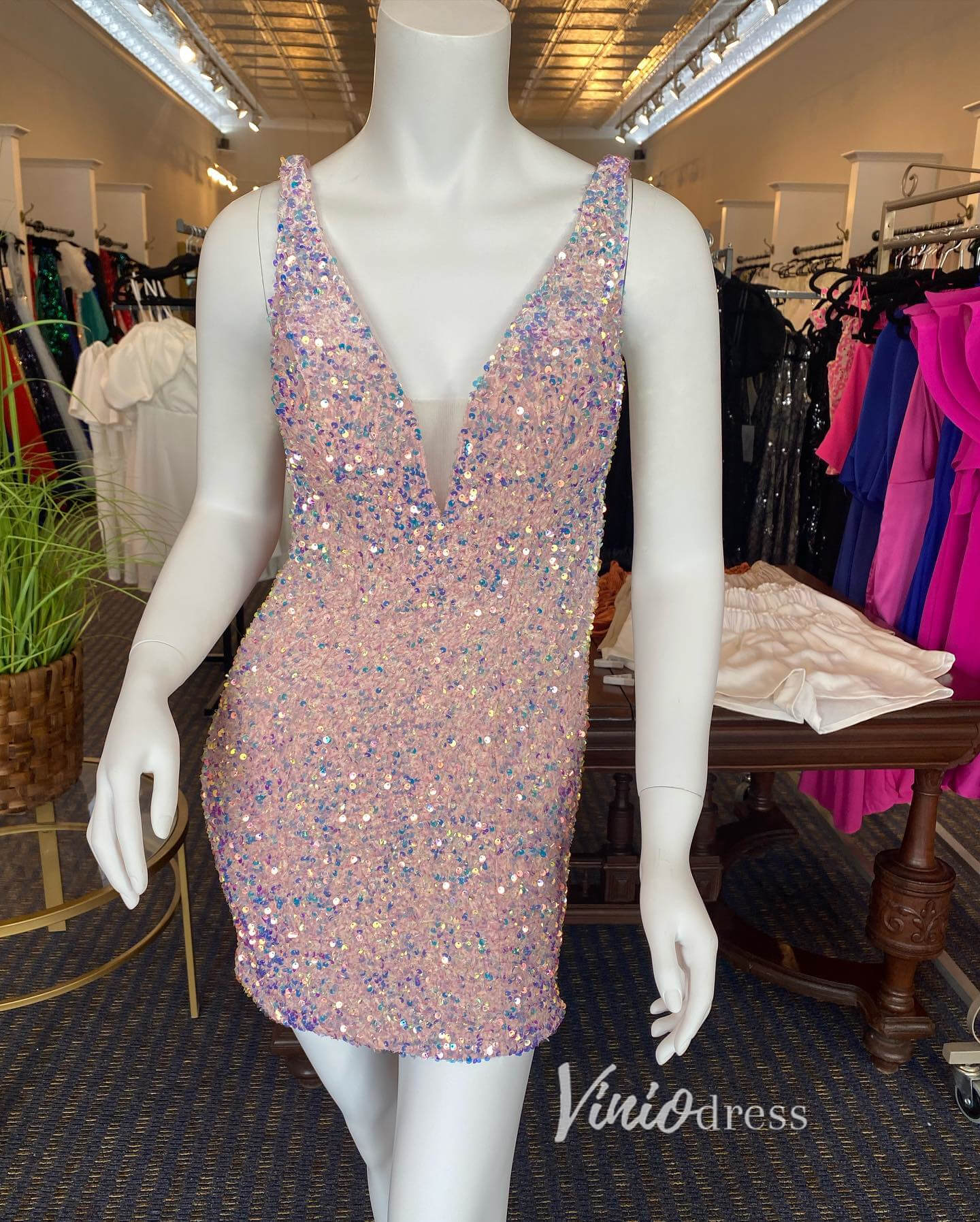 V-neck Sequin Homecoming Dresses Mini Cocktail Dress SD1599-Homecoming Dresses 2025 -Viniodress-Purple-Custom Size-