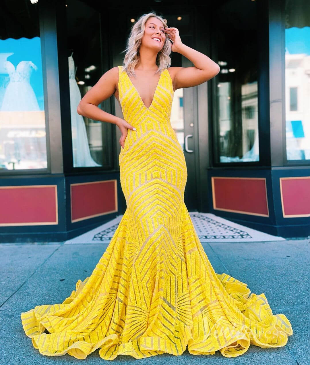 V-Neck Sequin Mermaid Prom Dresses Sleeveless Open Back Evening Gowns SQ002-prom dresses 2026-Viniodress-Yellow-Custom Size – Add Measurements in Cart-