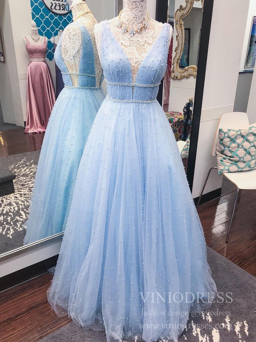 V-neck Sparkly Blush Pink Pearl Long Prom Dresses FD1834-prom dresses 2025 -Viniodress-Blush Pink-Custom Size-