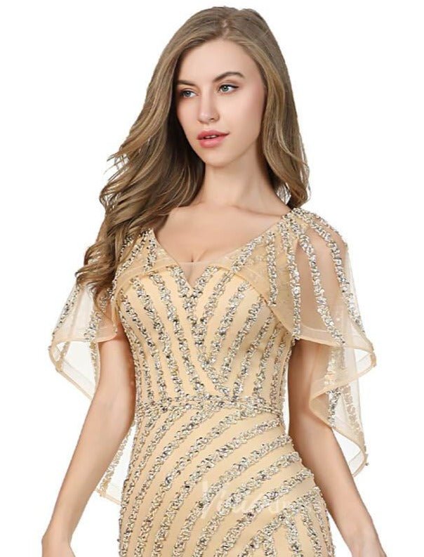 Vintage Batwing Sleeve Prom Dresses Beaded 20s Party Dress FD2487-Evening Dresses 2025 -Viniodress-Gold-Custom Size-