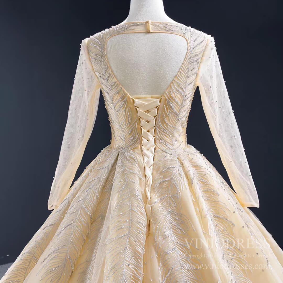 Vintage Beaded Champagne Wedding Dresses with Long Sleeves VW1571-wedding dresses 2025 -Viniodress-Champagne-Custom Size-