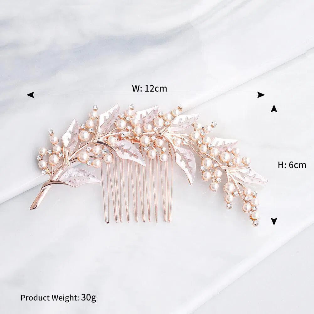 Vintage Bridal Comb with Pearl and Leaf AC1066-Headpieces 2025 -Viniodress-Rose Gold-