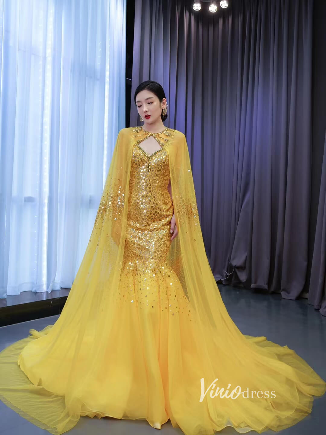 Vintage Bright Gold Mermaid Wedding Dresses with Cape 67501 Viniodress Vintage Bright Gold Mermaid Wedding Dresses with Cape 67501 Viniodress