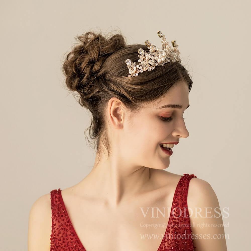 Vintage Crystal and Pearls Tiara for Bride AC1207-Headpieces 2025 -Viniodress-Gold-