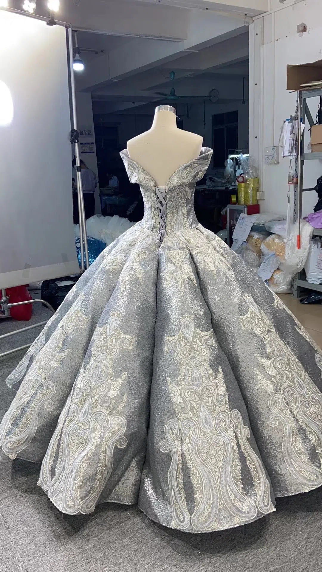 Vintage Gray Quinceanera Dresses Off the Shoulder Sequin Ball Gown 666   Viniodress