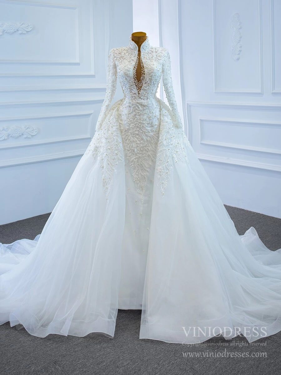 Vintage High Neck Pearl Beaded Wedding Gown with Long Sleeves 67218 –  Viniodress