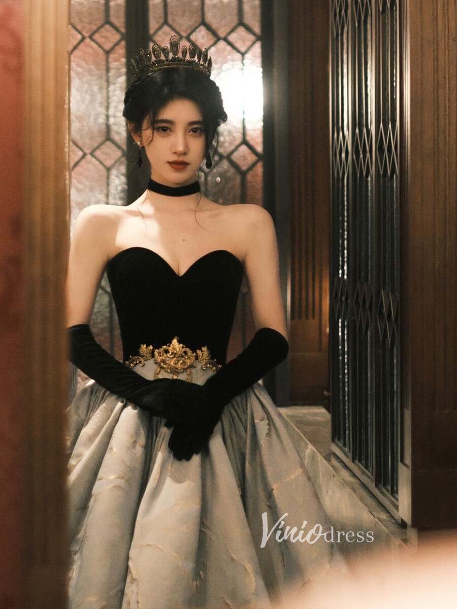 Vintage Jacquard Ball Gown Sweet 16 Dress Black Velvet Quince Dress FD2784-Quinceanera Dresses 2025 -Viniodress-Dusty Blue-Custom Size-