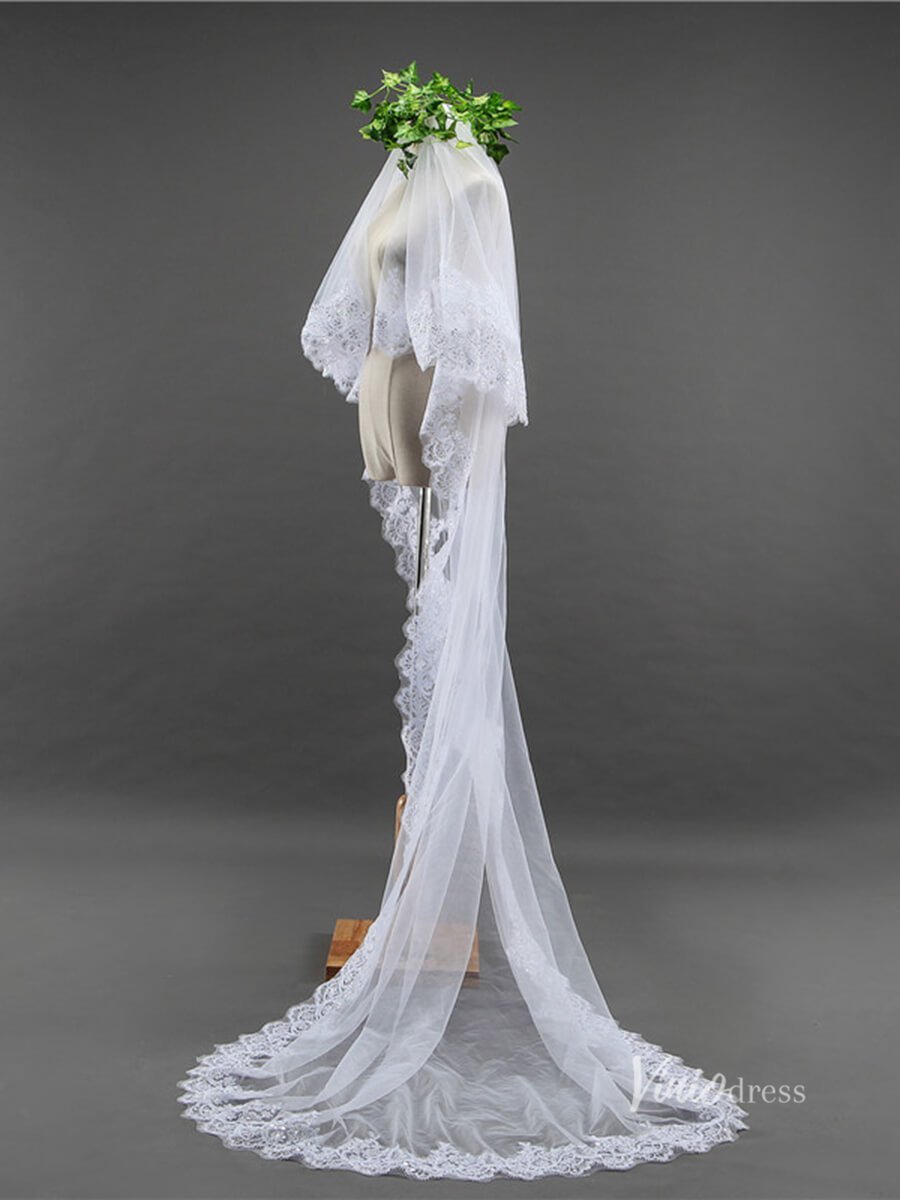 Vintage Lace Appliqued Long Veil with Blusher Viniodress-Bridal Veil 2025 -Viniodress-White-