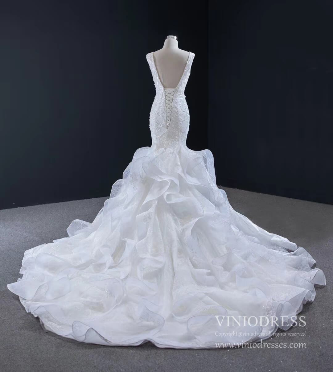 Vintage Lace Mermaid Wedding Dresses V-neck Champagne Bridal Dress VW1759-wedding dresses 2025 -Viniodress-Champagne-Custom Size-