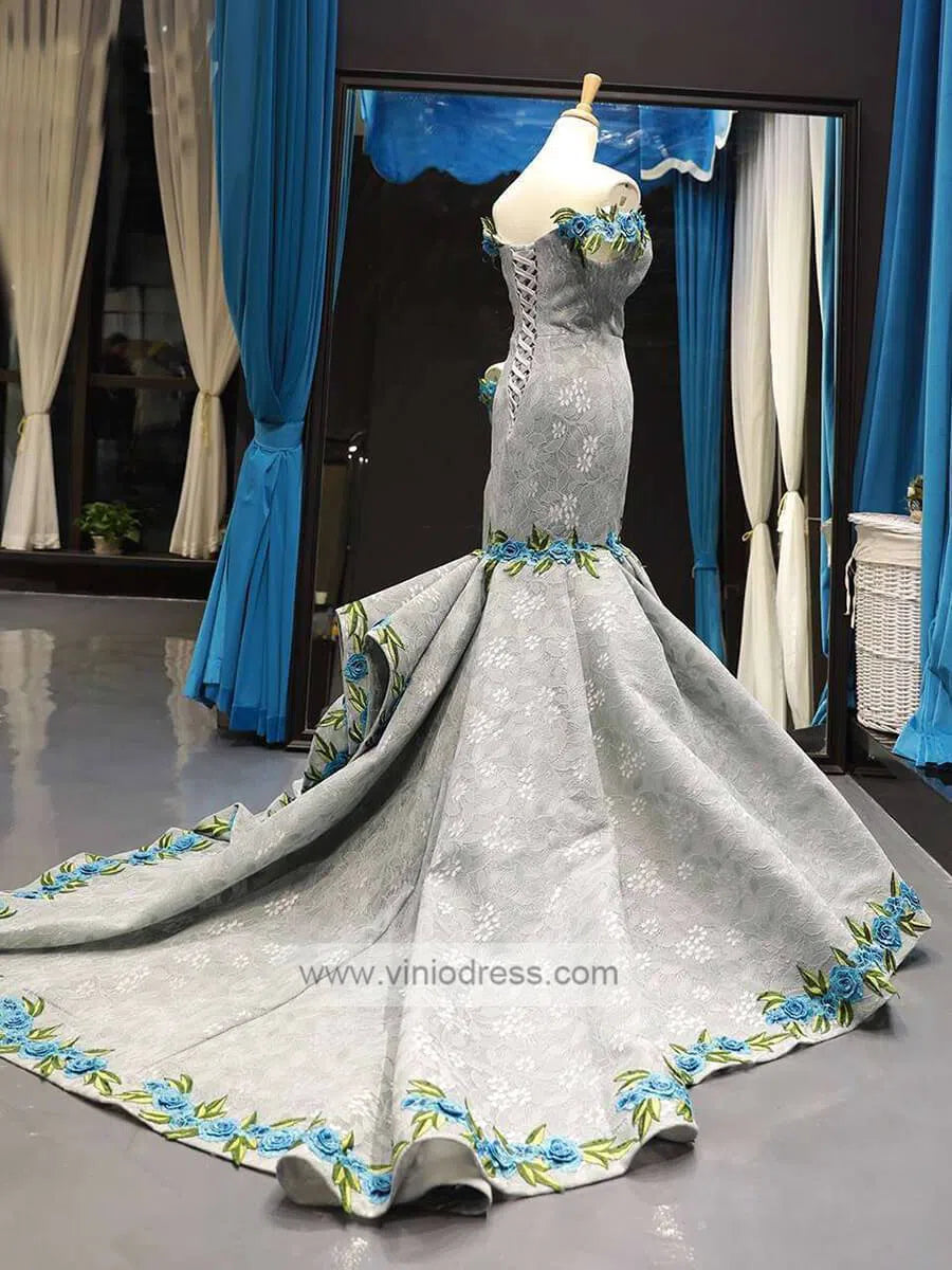 Vintage Lace Prom Dresses Mermaid Pageant Dress 66737 Viniodress-prom dresses 2025 -Viniodress-Grey-Custom Size-