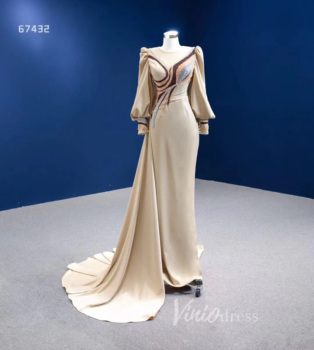 Vintage Long Puff Sleeve Prom Dress Beaded Champagne Sheath Formal Dre –  Viniodress