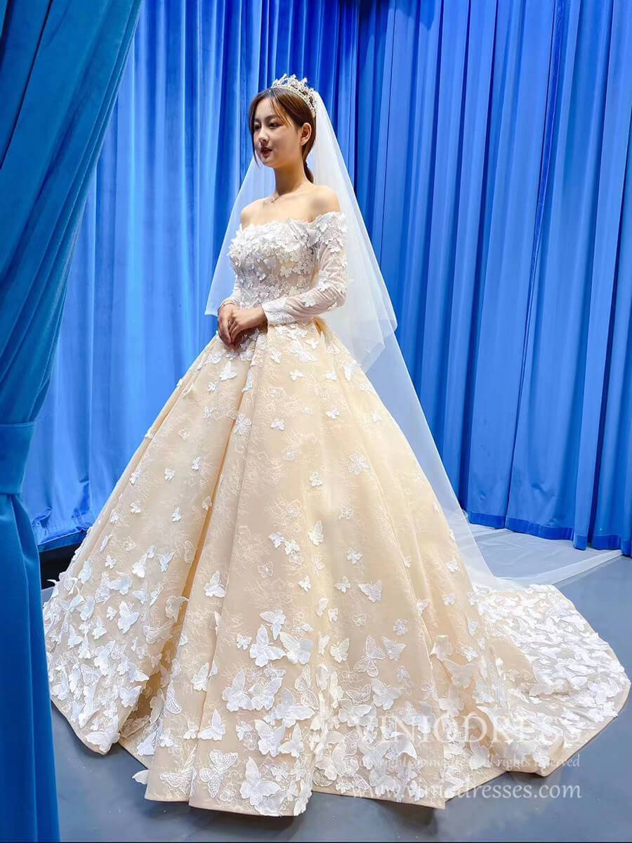 Vintage Long Sleeve Butterfly Style Champagne Wedding Dresses Corset B Viniodress Vintage Long Sleeve Butterfly Style Champagne Wedding Dresses Corset B Viniodress