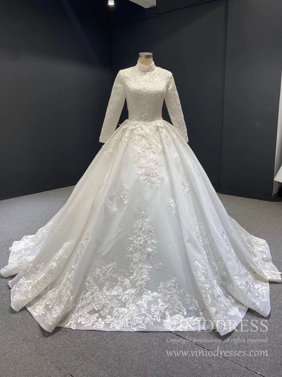 chinese dress ladies Luxury Muslim Modest Long Sleeve Lace Ball Gown Wedding Dress with Long  Train main image 0