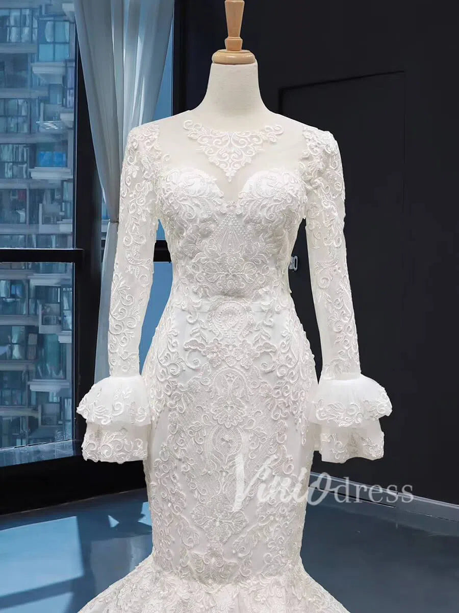 Vintage Mermaid Prom Dresses with Sleeves Lace Pageant Dress FD1388 viniodress-prom dresses 2025 -Viniodress-Gold-Custom Size-