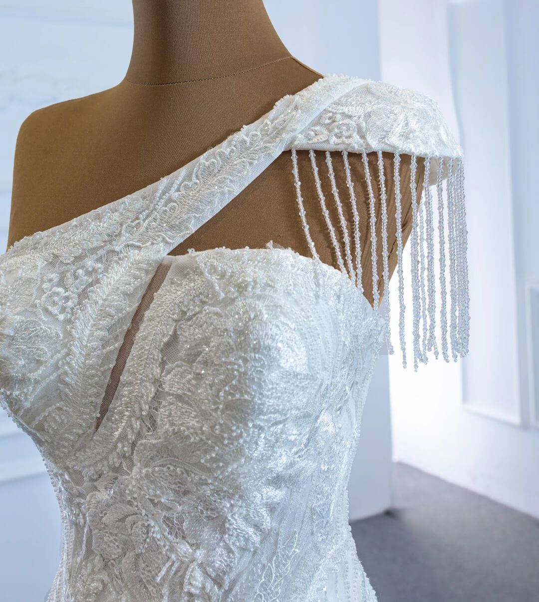 Vintage One Shoulder Lace Mermaid Wedding Dresses 67187-wedding dresses 2025 -Viniodress-Ivory-Custom Size-