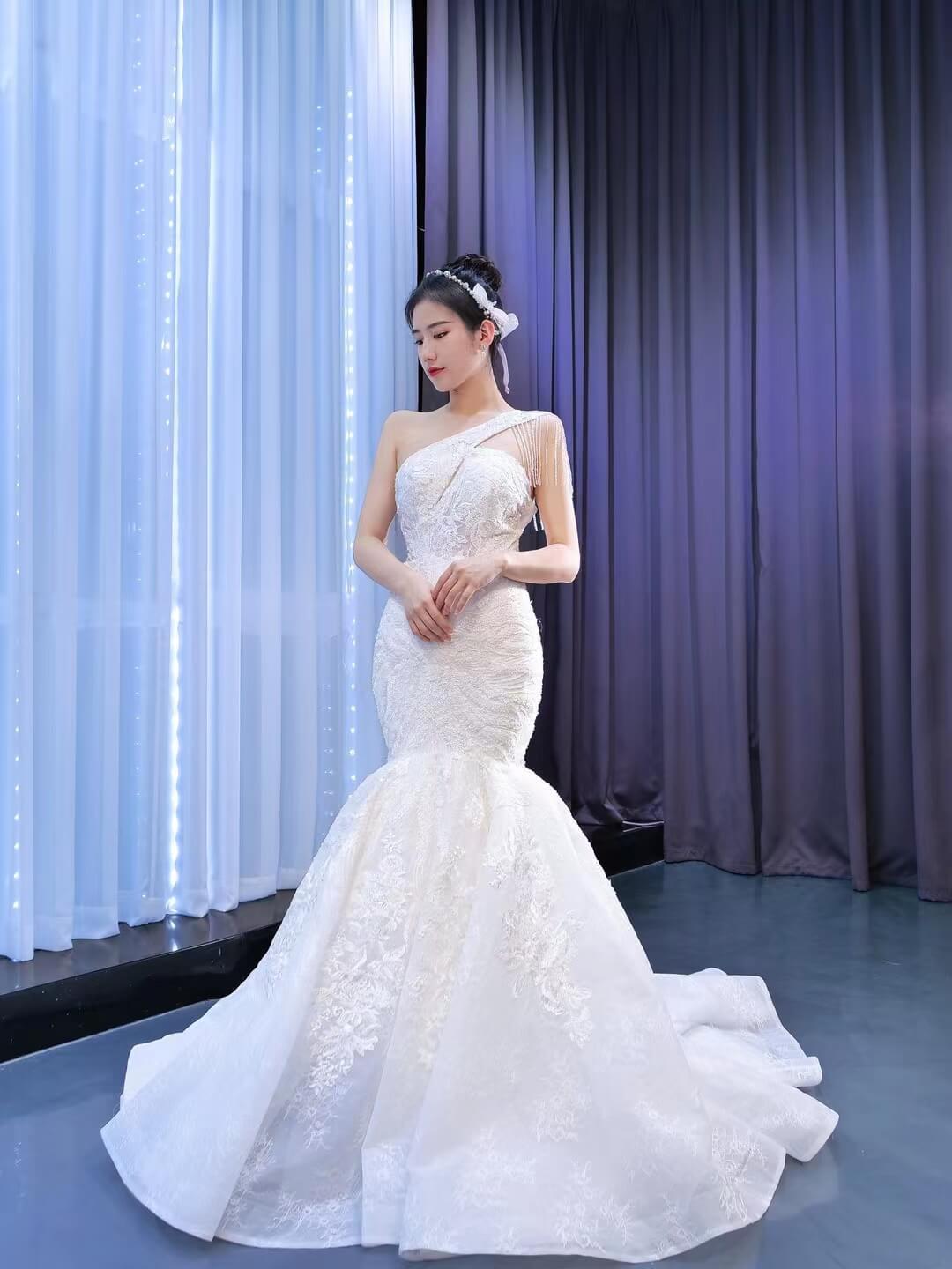 open lace back dress Amelia Couture 388 Long One Shoulder Draping Cape Bustier Bodice Dress White / 12