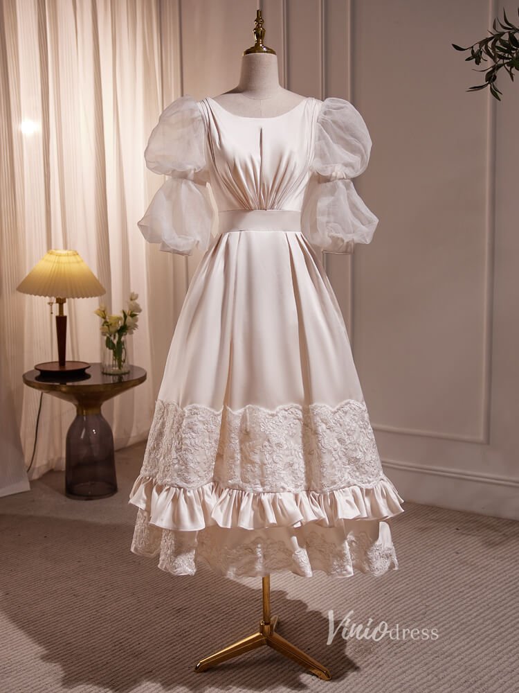 Vintage Puff Sleeve Gown Tea Length Champagne Satin Prom Dresses BJ010 Viniodress Vintage Puff Sleeve Gown Tea Length Champagne Satin Prom Dresses BJ010 Viniodress