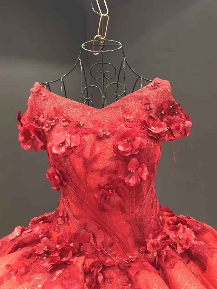 Vintage Red Floral Wedding Gown 3D Flower Princess Dress 66878 Cap Sleeve-prom dresses 2025 -Viniodress-Dark Red-US 2-