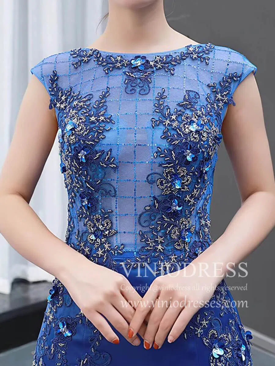 Vintage Royal Blue Beaded Mermaid Prom Dresses Cap Sleeve Pageant Gown FD1764-prom dresses 2025 -Viniodress-Royal Blue-US 2-