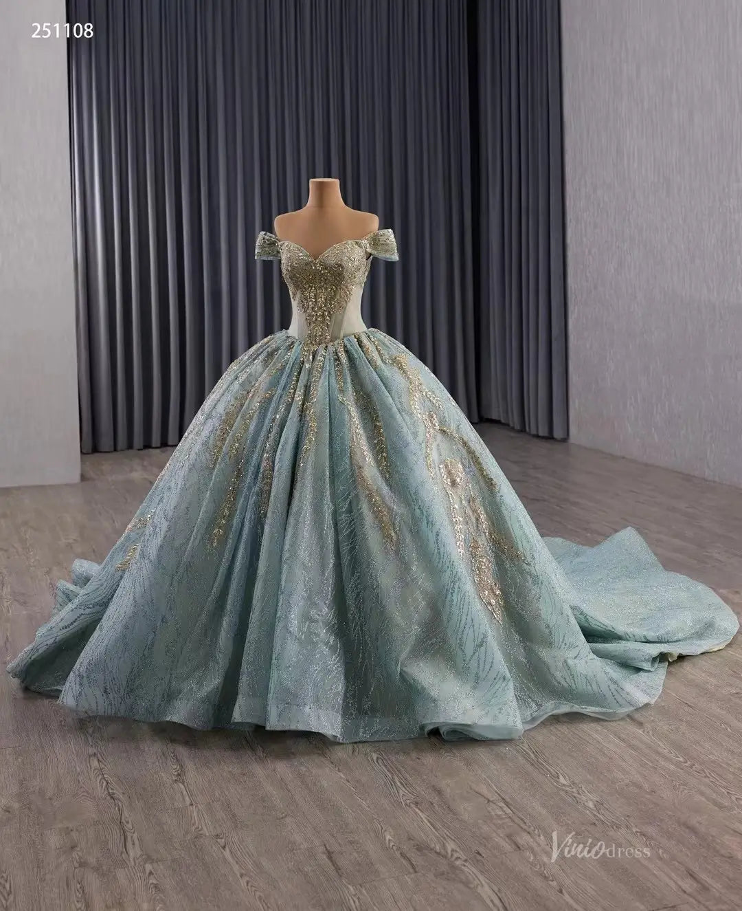 Vintage Sage Blue Quinceañera Dress | Off-Shoulder Ball Gown with Gold Appliques & Basque Waistline 251108-Quinceanera Dresses 2025 -Viniodress-Sage Blue-Custom Size-