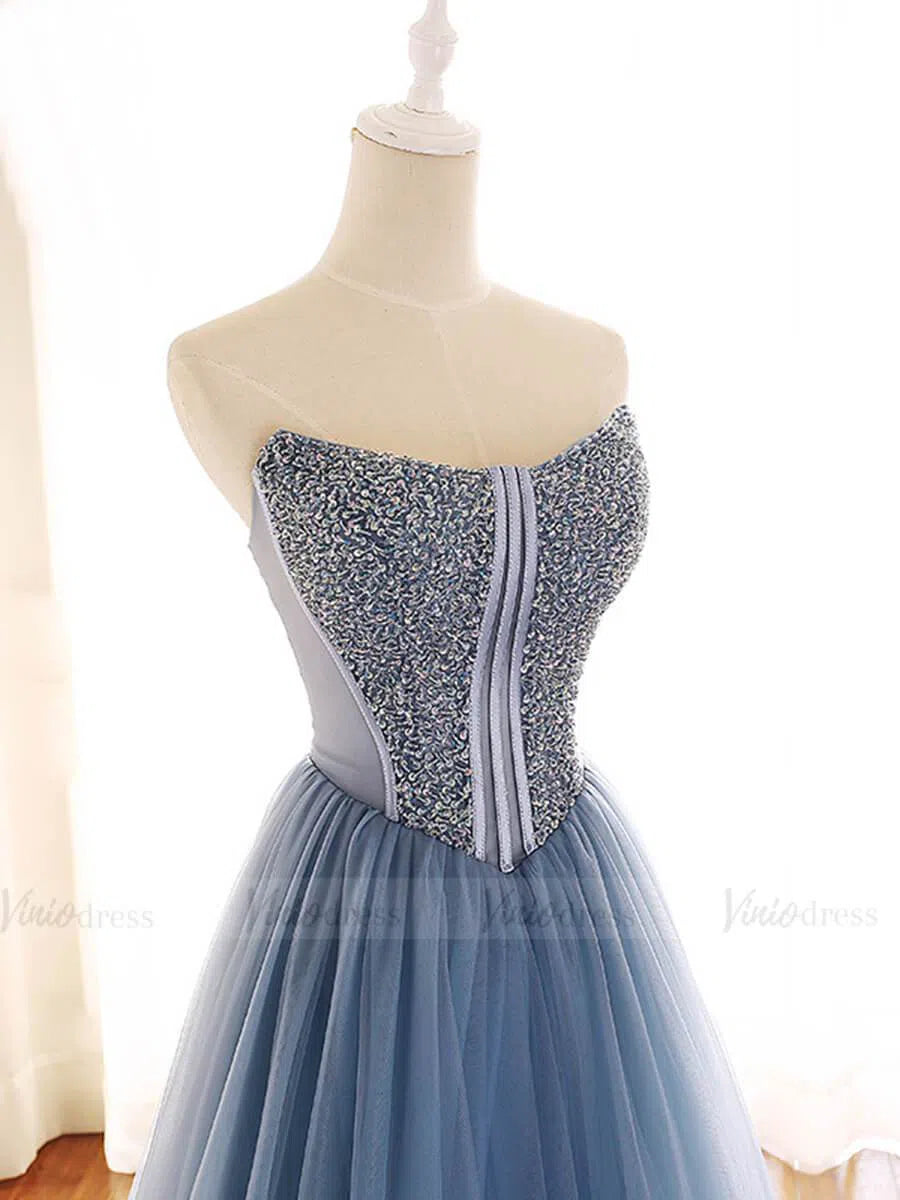 Vintage Strapless Beaded Slate Blue Prom Dresses Long FD1659-prom dresses 2025 -Viniodress-Slate Blue-Custom Size-