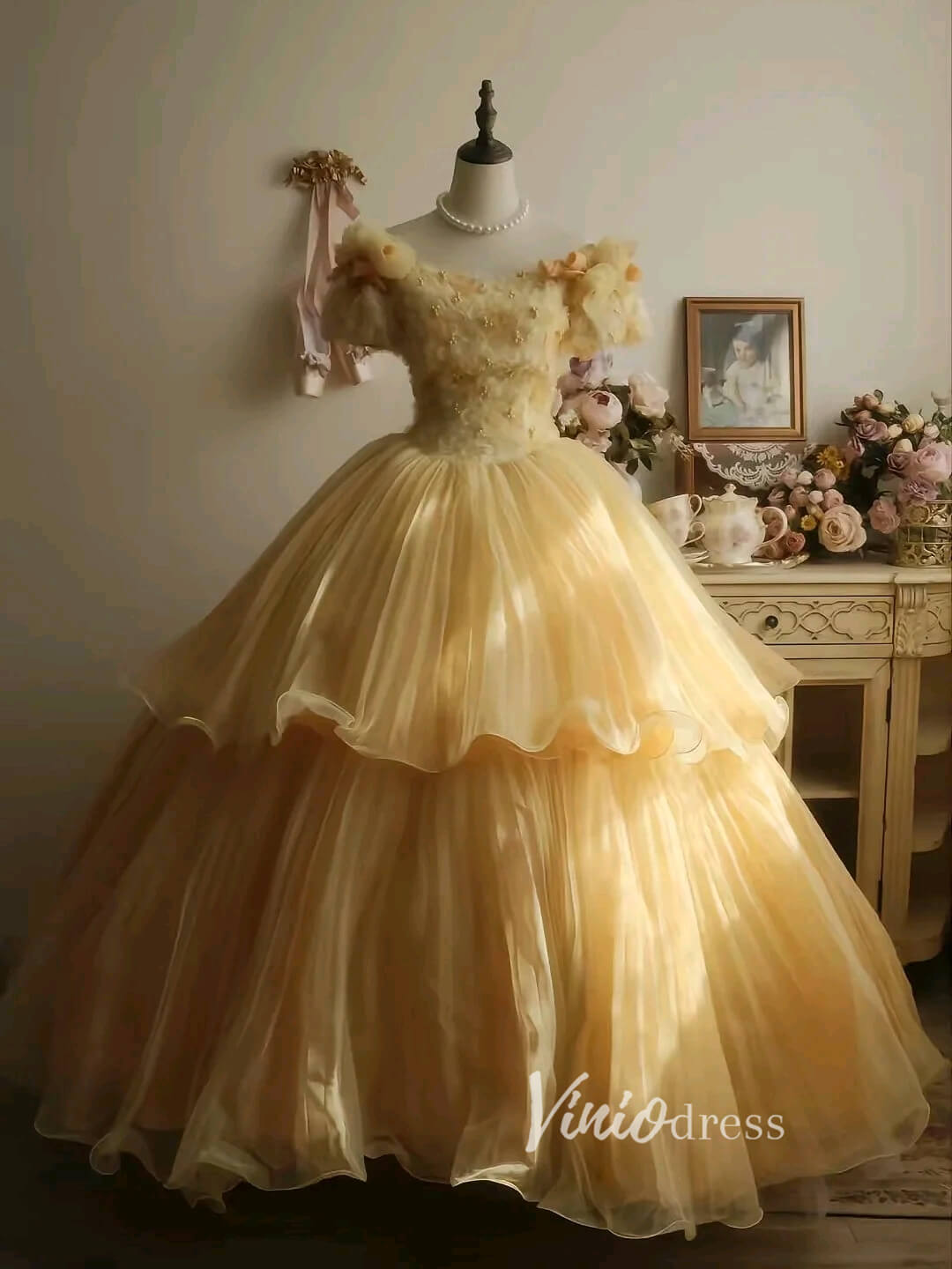 Vintage Yellow Ball Gowns Vintage Organza Quince Dresses FD3447 – Viniodress