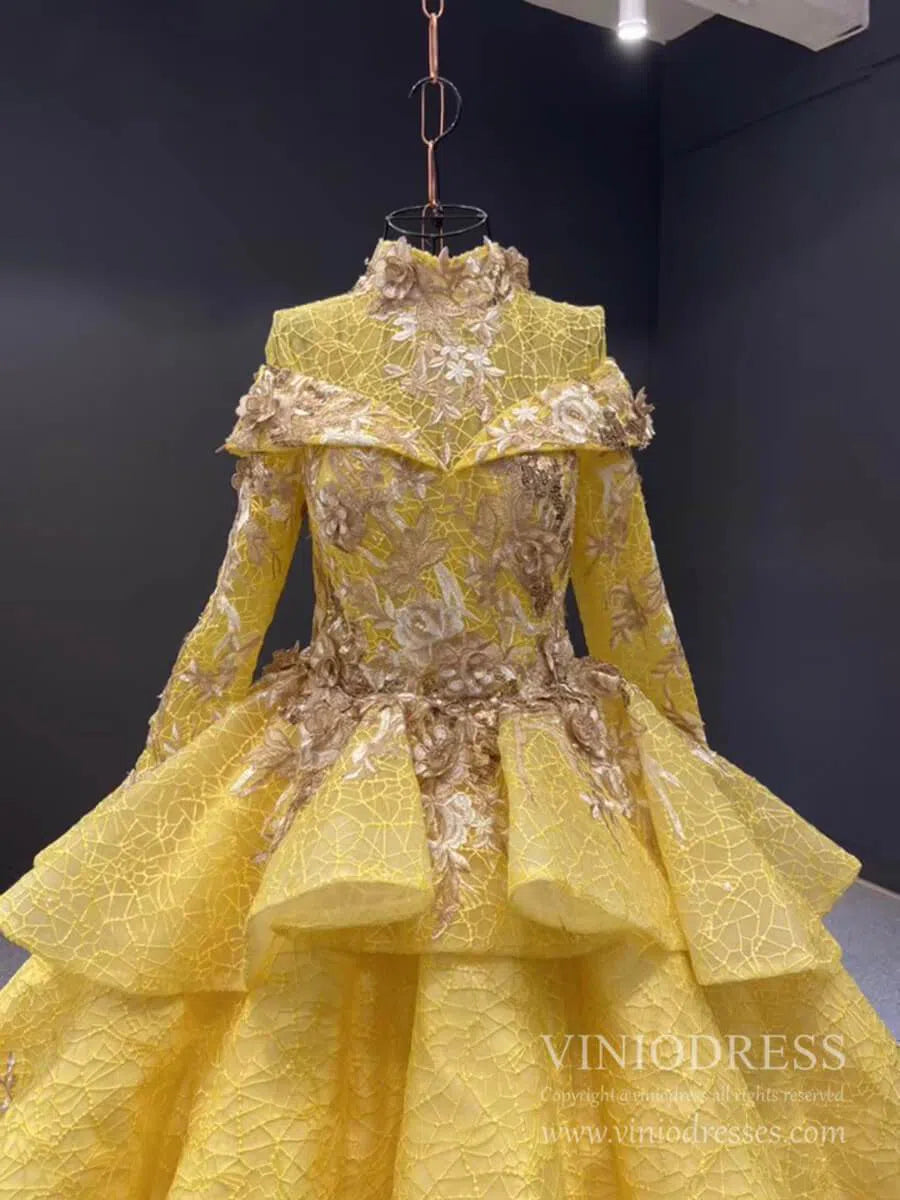 Vintage Yellow Muslim Wedding Dress High Neck Ball Gown viniodress-Quinceanera Dresses 2025 -Viniodress-Yellow-Custom Size-