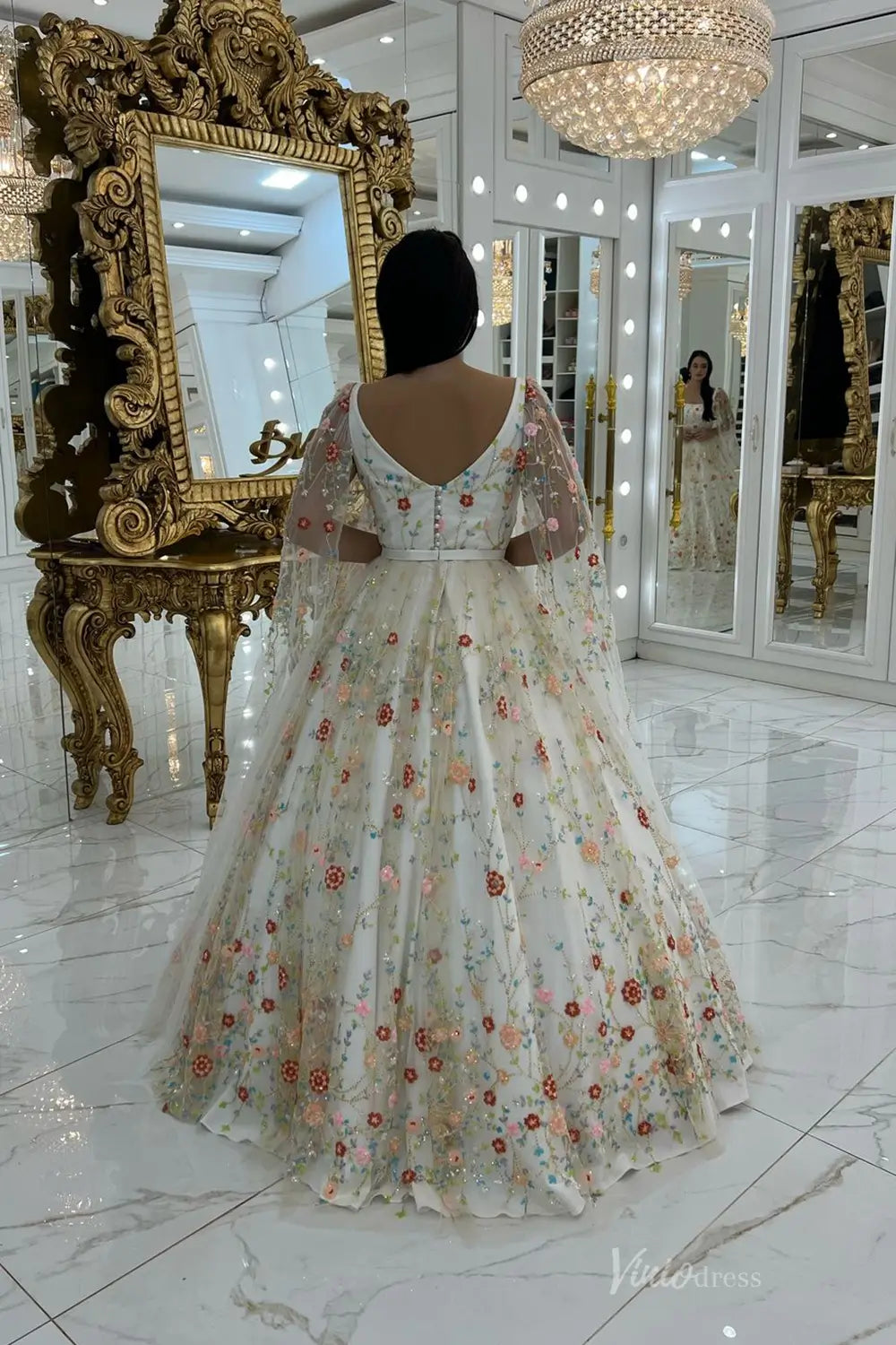 Whimsical Floral Embroidered Ball Gown with Sheer Puff Sleeves & Square Neckline – FW255-wedding dresses 2025 -Viniodress-Champagne-Custom Size-Puff Sleeve