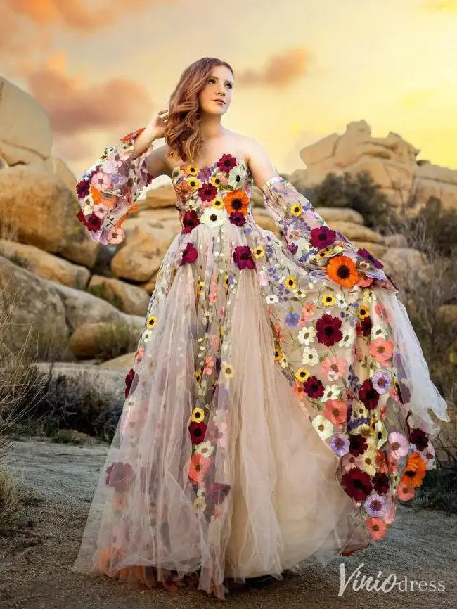 Whimsical Floral Tulle Wedding Dress with Puffy Sleeves and Sweetheart Neckline FW164-wedding dresses 2025 -Viniodress-Champagne-Custom Size-