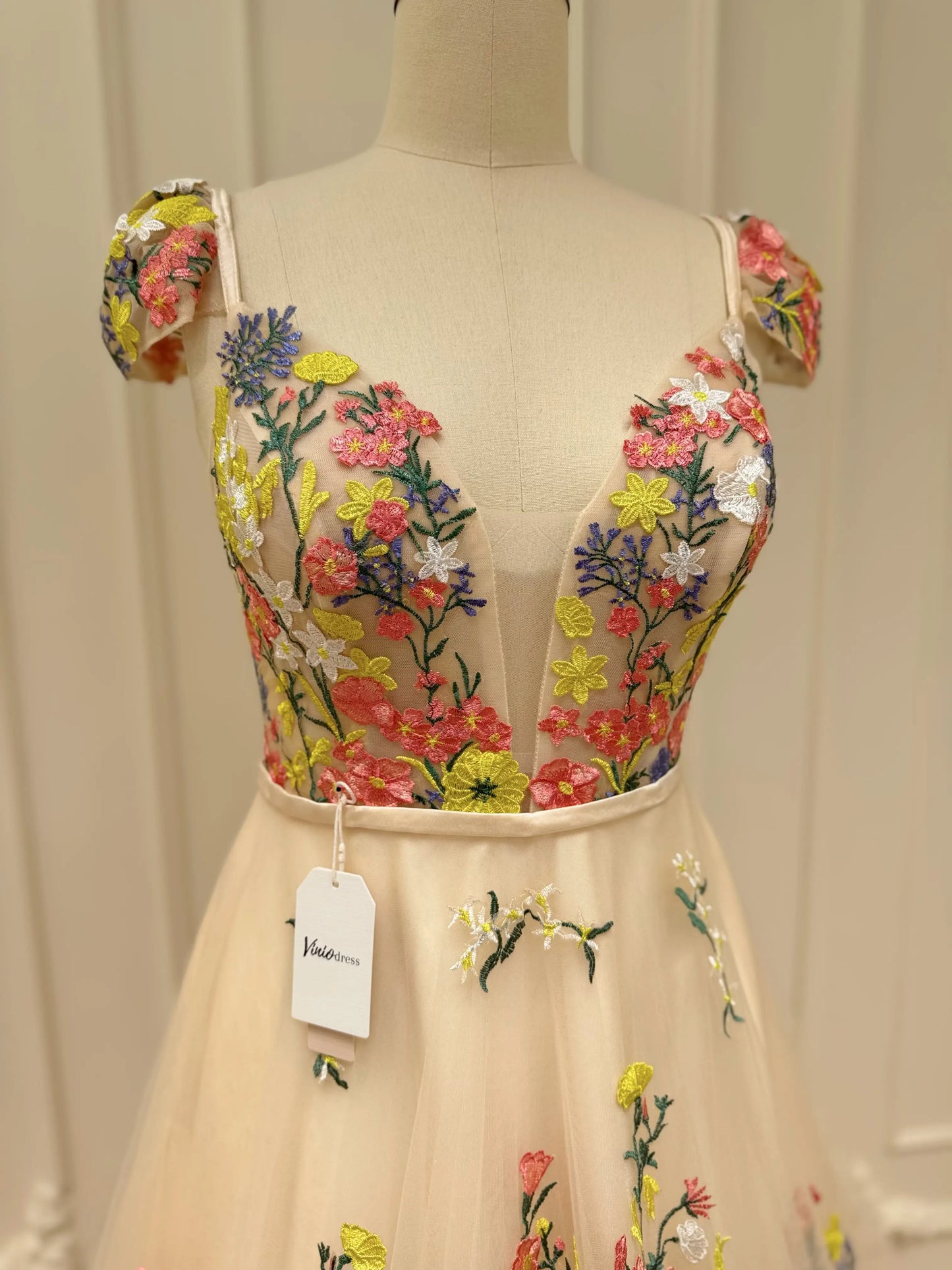 Whimsical Floral Wedding Dress for Older Bride | Yellow & Pink Embroidery Gown with Cap Sleeves FW135-wedding dresses 2025 -Viniodress-Champagne-Custom Size-