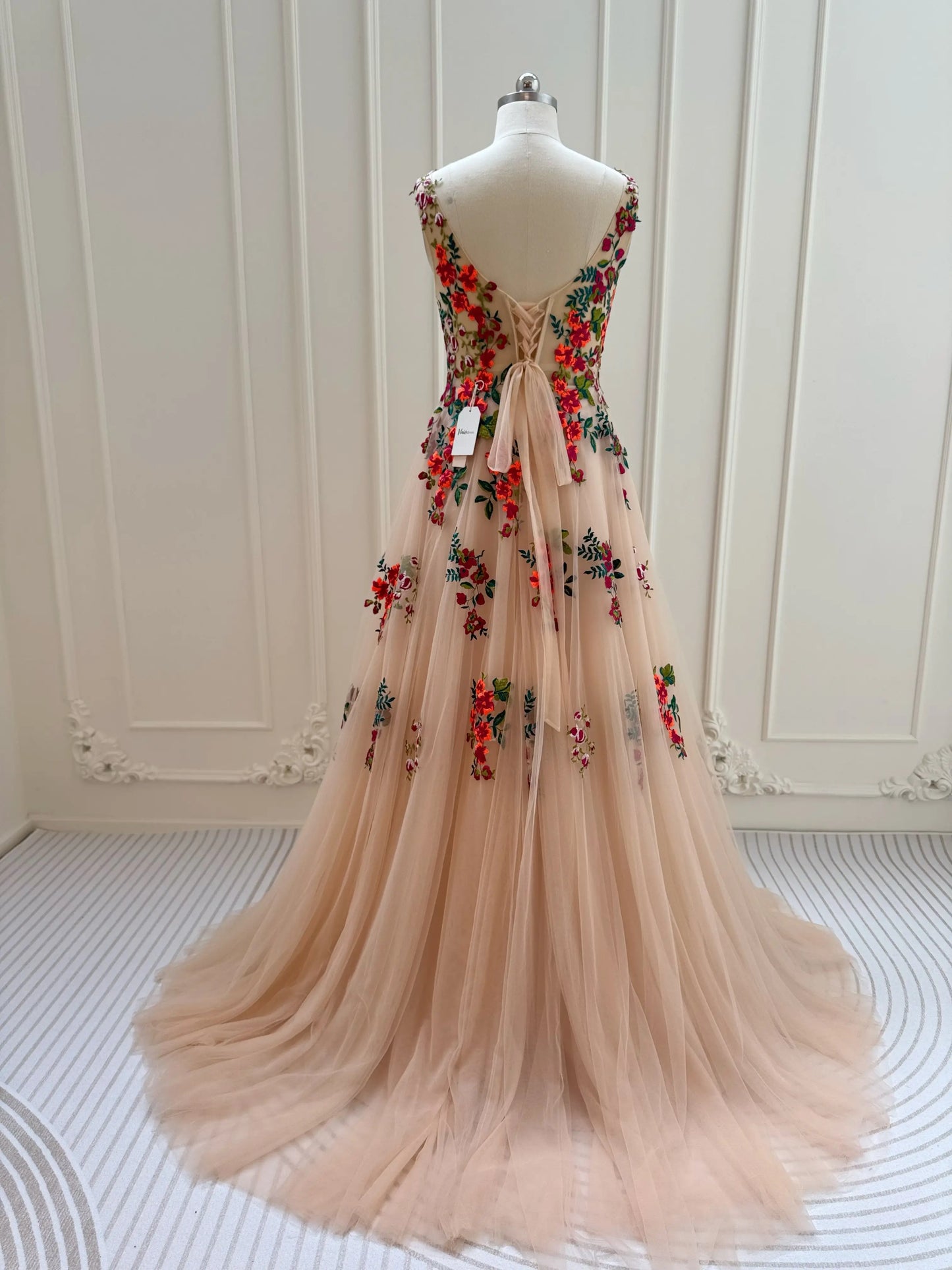 Whimsical Forest Wedding Dress | Colorful Floral Embroidery Photoshoot Dress, Lace-Up Back FW141-wedding dresses 2025 -Viniodress-Champagne-Custom Size-