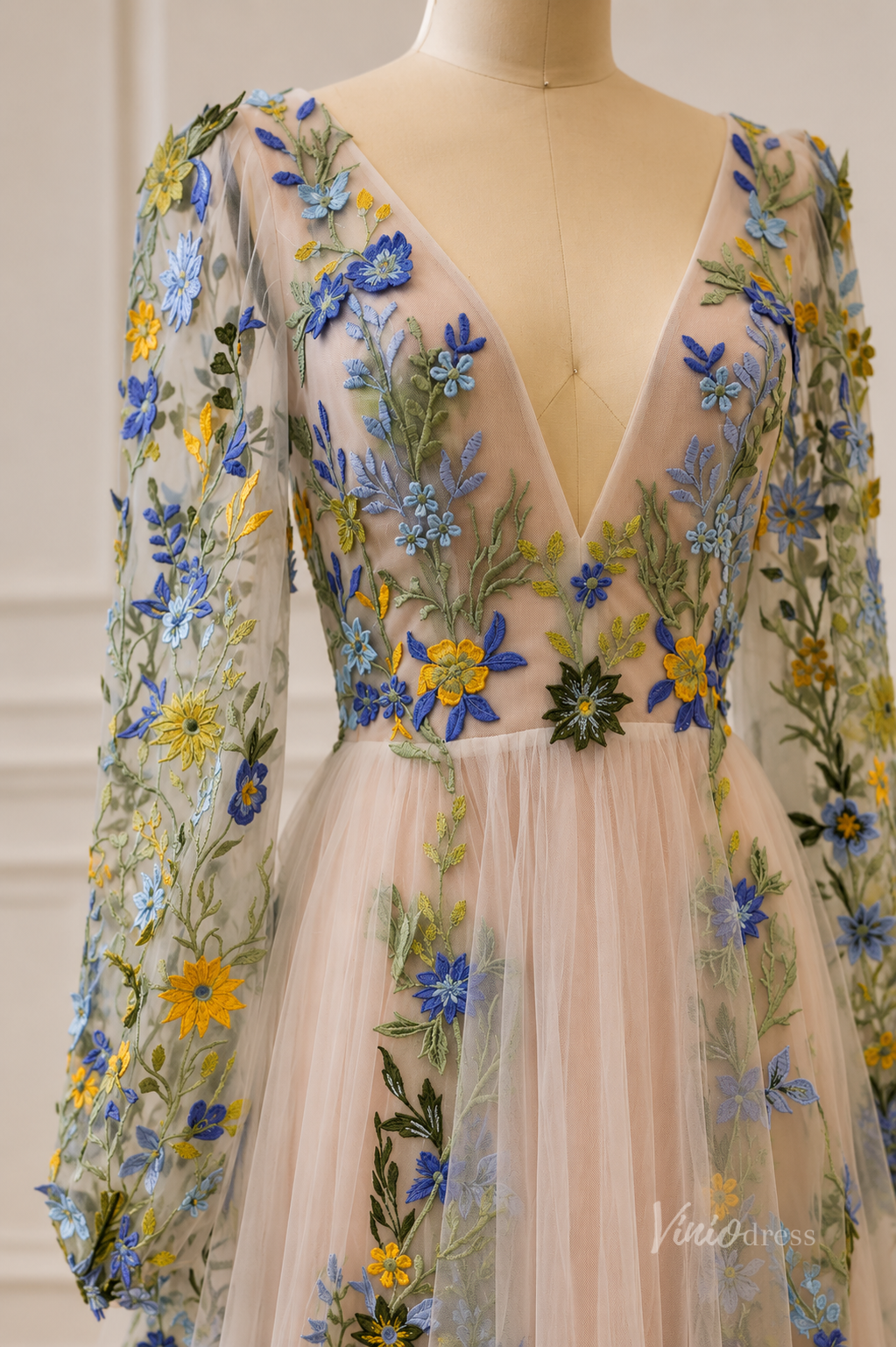 Whimsical Meadow Floral Wedding Dress with Long Sleeves| V-Neck Backless Gown FW101-wedding dresses 2026-Viniodress-Meadow Green-Custom Size – Add Measurements in Cart-