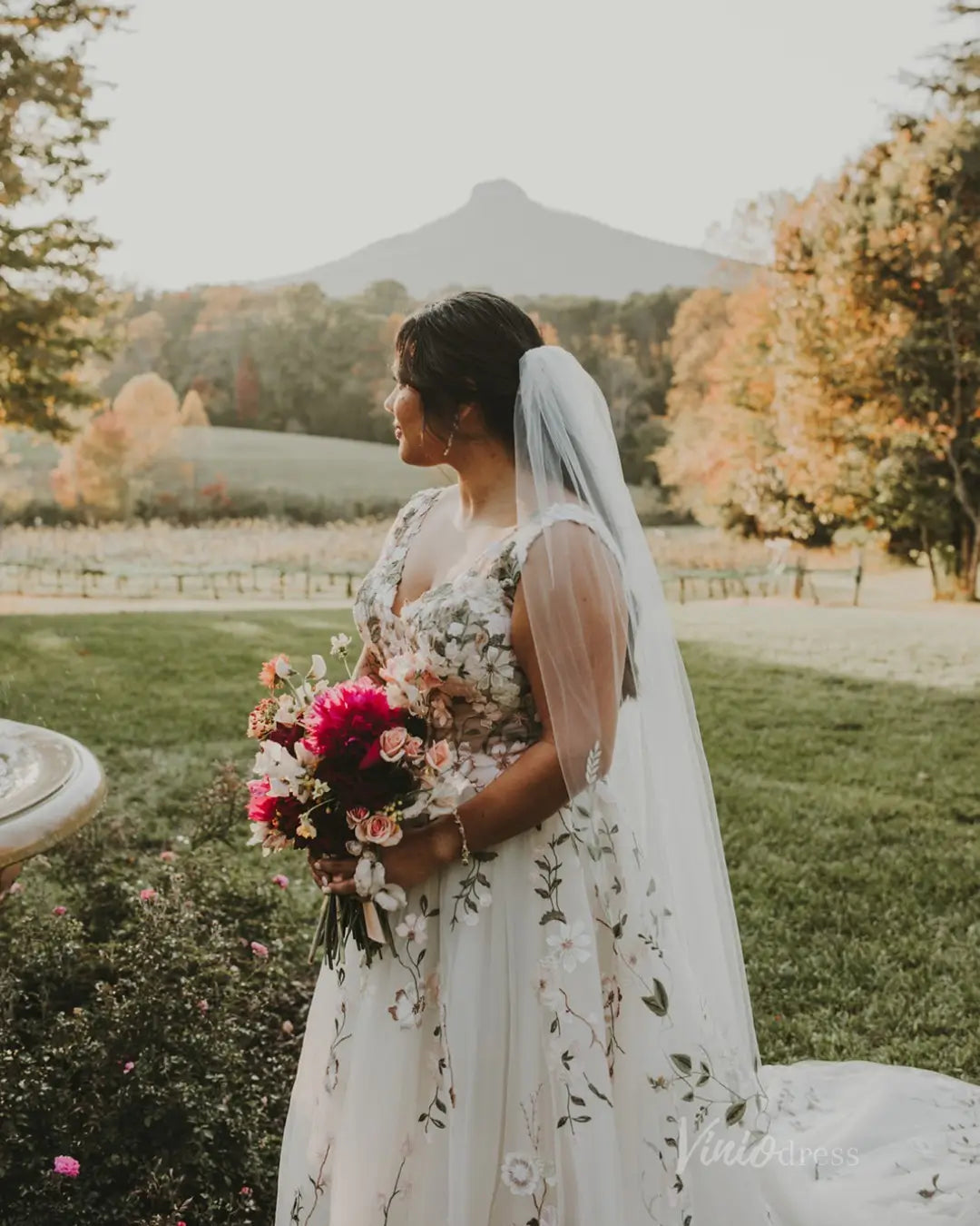 Romantic Floral A-Line Wedding Dress with Cap Sleeves VW2584 Viniodress Romantic Floral A-Line Wedding Dress with Cap Sleeves VW2584 Viniodress