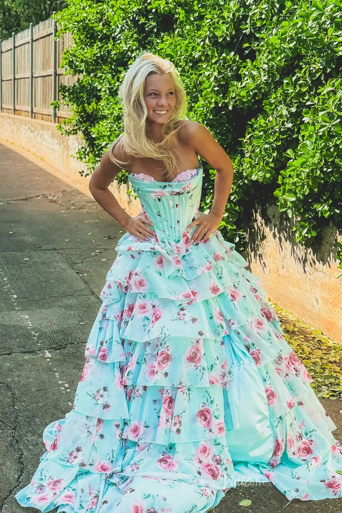 Turquoise Floral Corset Prom Dress with Tiered Ruffle Skirt RF137 Viniodress Turquoise Floral Corset Prom Dress with Tiered Ruffle Skirt RF137 Viniodress