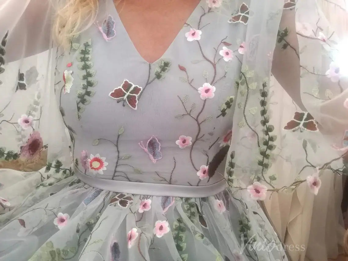 Whimsical Wildflower Wedding Dress | V-Neck Backless Gown with Elbow Sleeves, Ribbon Sash FW110-wedding dresses 2025 -Viniodress-Lavender-Custom Size-