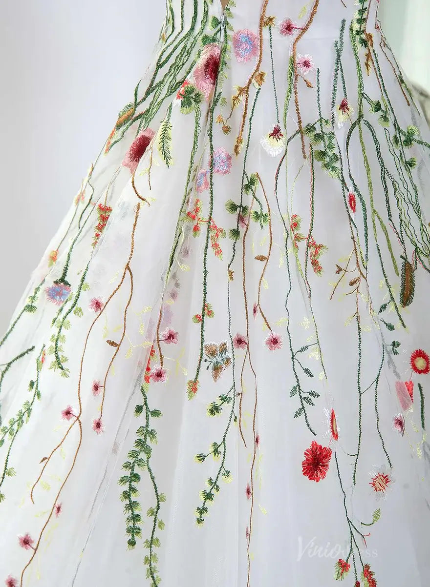 Whimsical Wildflower Wedding Dress | White Tulle V-Neck Gown Backless FW108-wedding dresses 2025 -Viniodress-White-Custom Size-