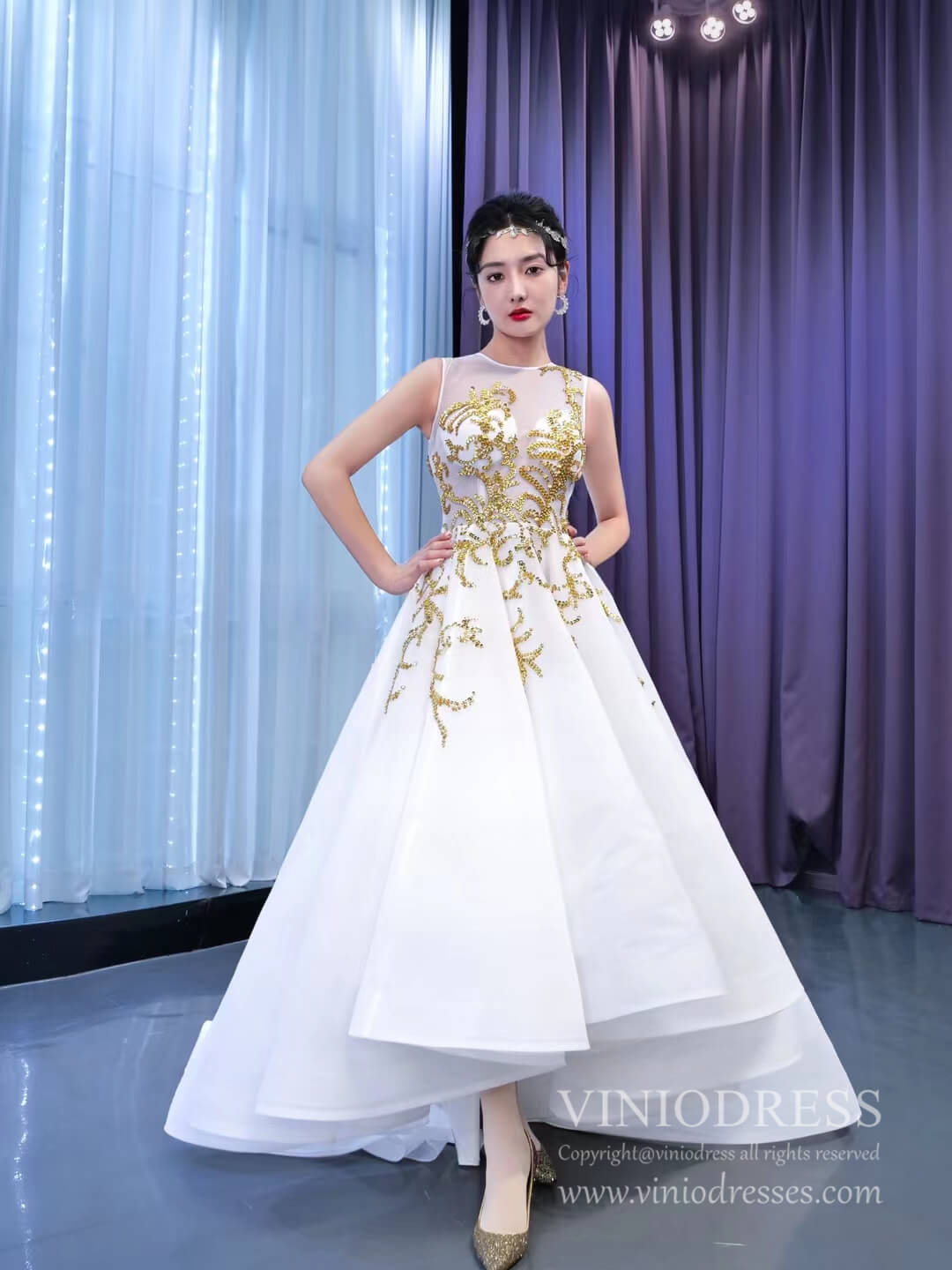 White High Low Prom Gown Gold Beaded Pageant Dress 67441