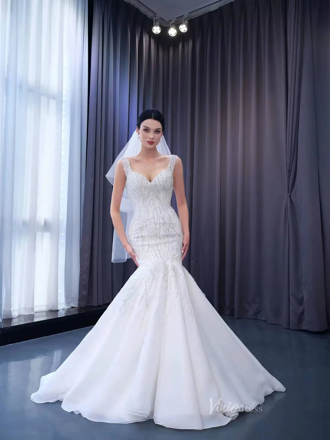 fitted lace wedding dress White Mermaid Wedding Dress V-neck Beaded Trumpet Bridal Gown 222148 –  Viniodress