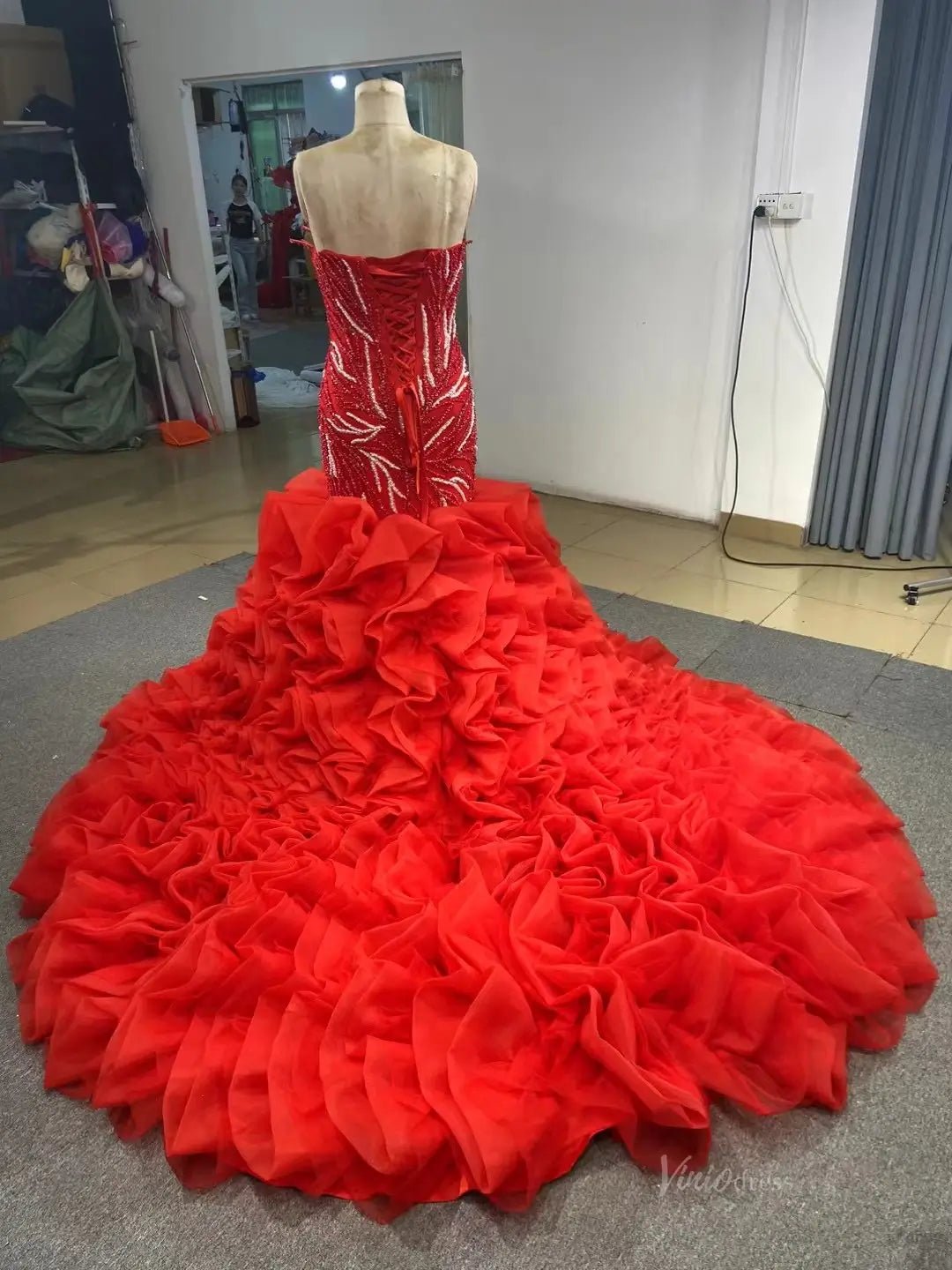 White Pearl Mermaid Wedding Dresses Tiered Strapless Pageant Dress 231040-wedding dresses 2025 -Viniodress-Fuchsia-Custom Size-