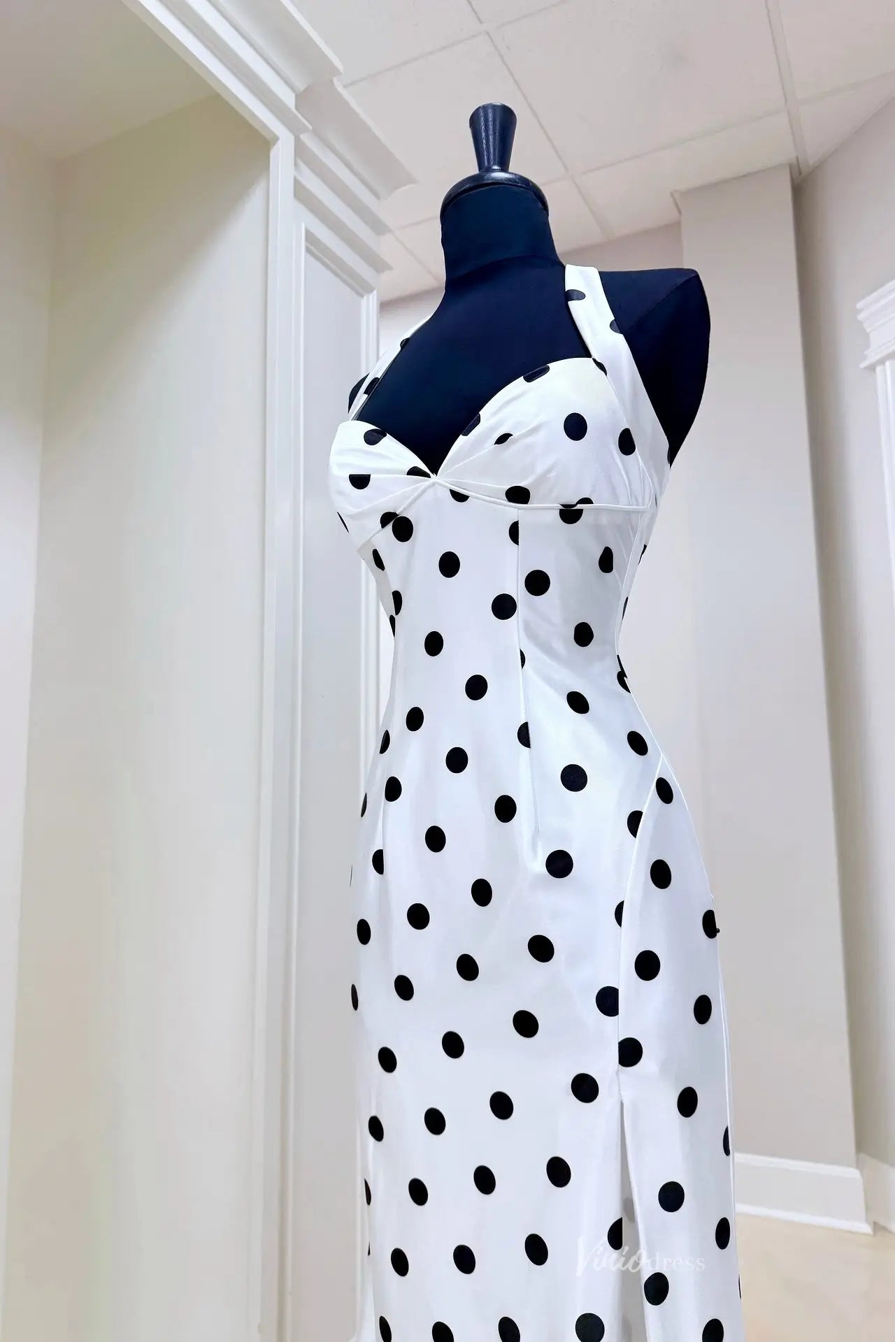 White Polka Dot Halter Mermaid Prom Dresses with Slit & Open Back SS135-Prom Dresses 2026-Viniodress-White-Custom Size-