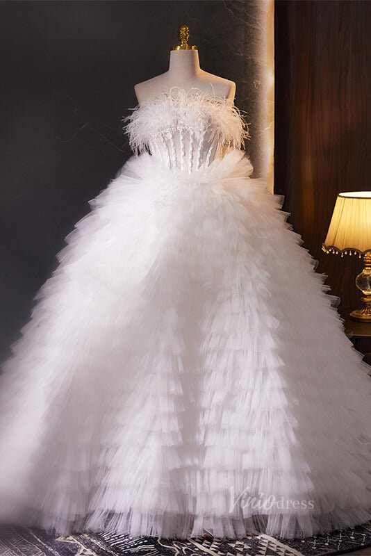 White Ruffled Quinceanera Dresses with Feathers Strapless Ball Gown AD –  Viniodress