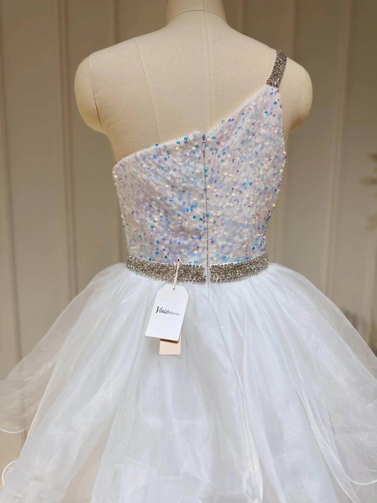 White Sequin Prom Dresses One Shoulder Sheath Pageant Dress with Tiered Ruffle Organza Skirt FD3197-prom dresses 2025 -Viniodress-White-Custom Size-