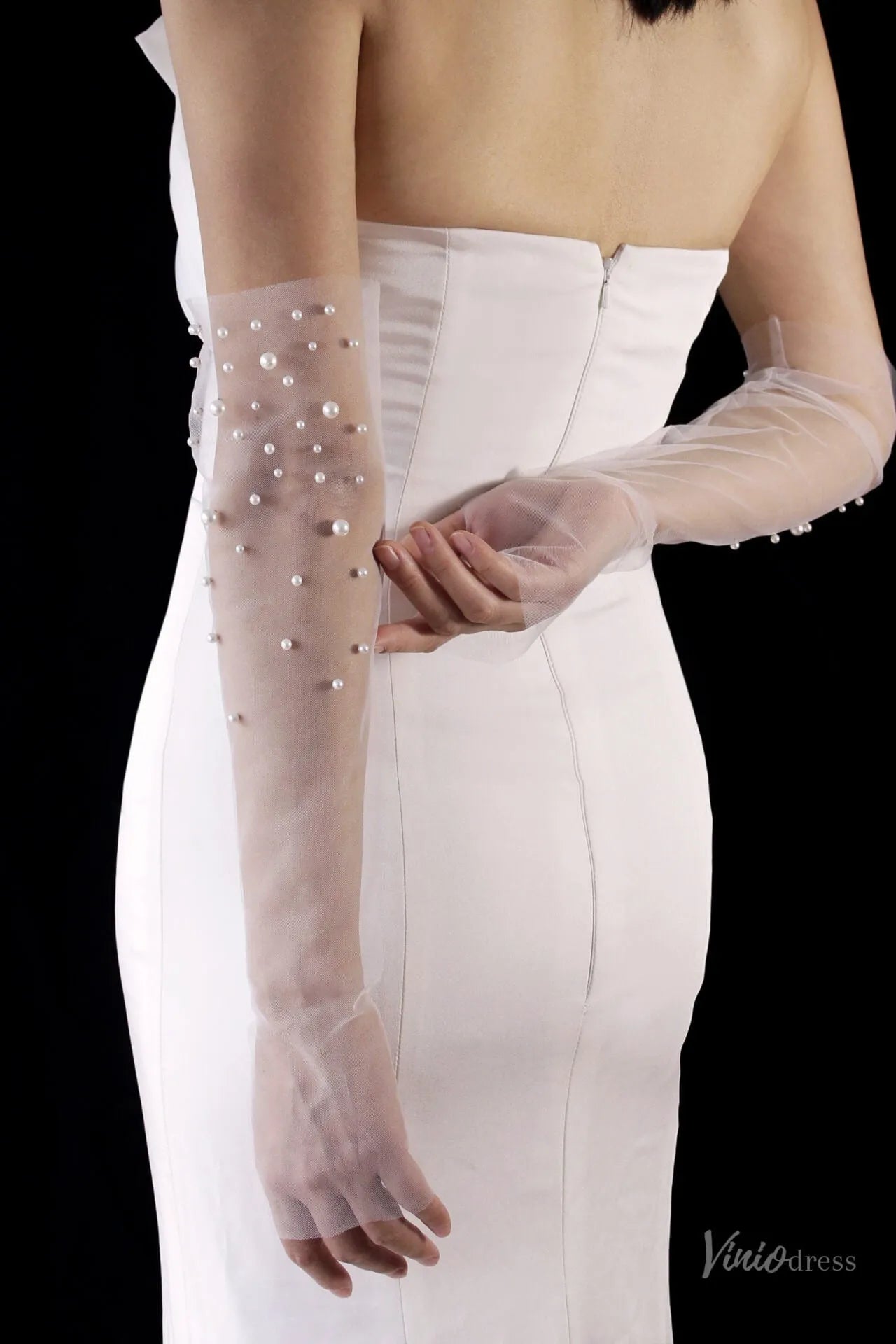 White Sheer Tulle Bridal Gloves with Pearls – Fingerless Elbow Wedding Gloves WG222-Bridal Gloves 2026-Viniodress-Ivory-