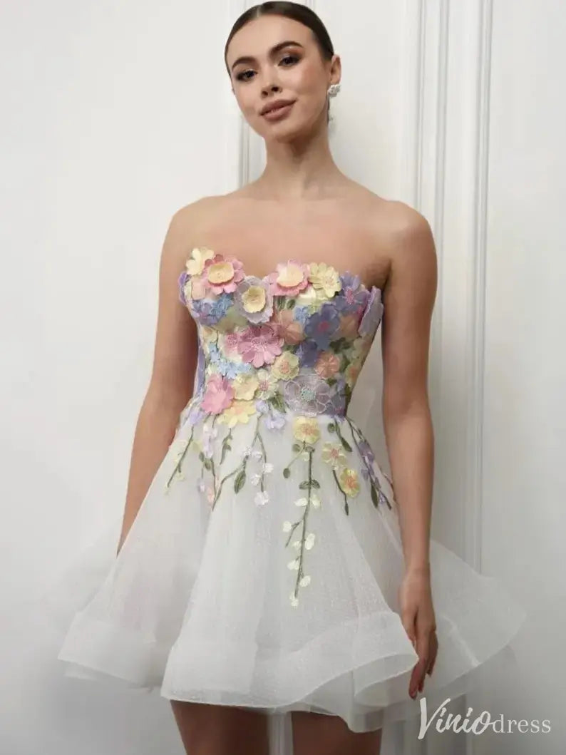 White Strapless Homecoming Dress with 3D Floral Appliqué Bodice and Sparkly Tulle Skirt – SD1710-Homecoming Dresses 2025 -Viniodress-White-Custom Size-