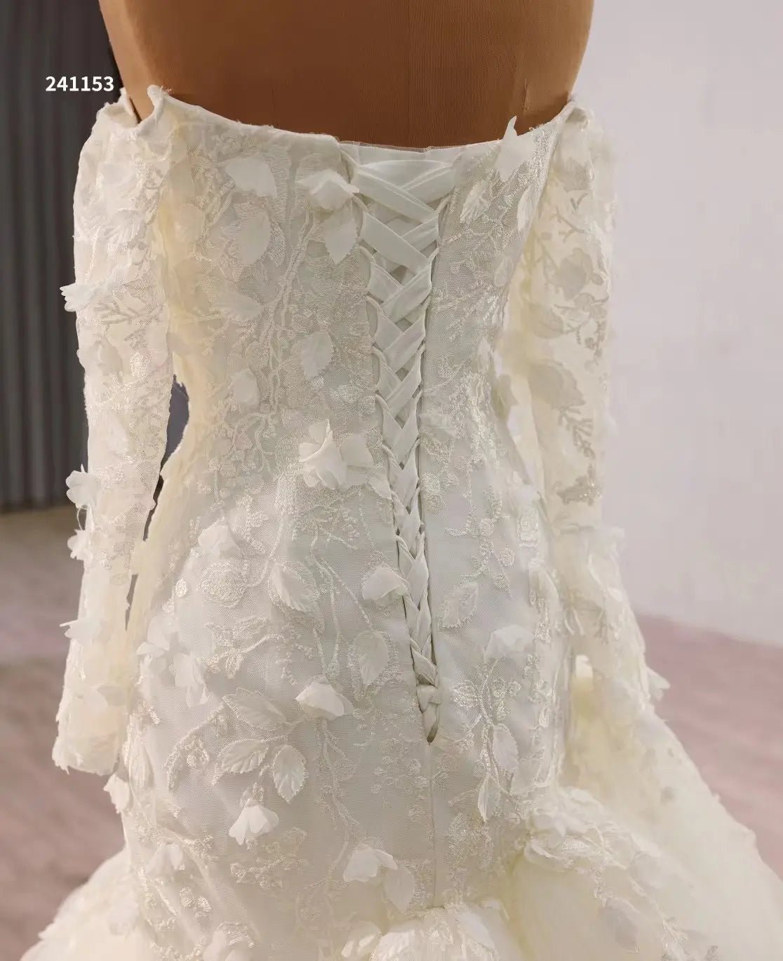 White Tulle Mermaid Wedding Dress with Long Sleeves, Floral Lace Bodice 241153-wedding dresses 2025 -Viniodress-Ivory-Custom Size-