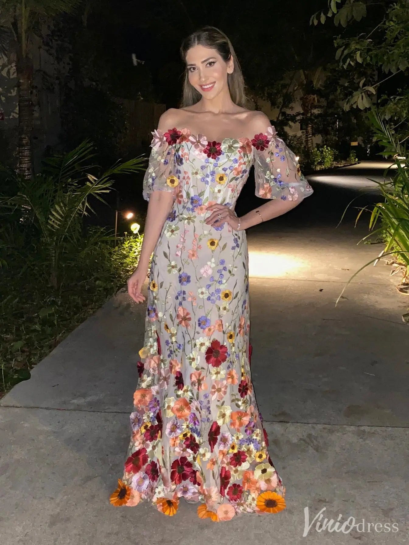 Wildflower Mermaid Formal Dress Half Sleeve Colorful Wedding Dress– IS009-prom dresses 2025 -Viniodress-Floral-Custom Size-